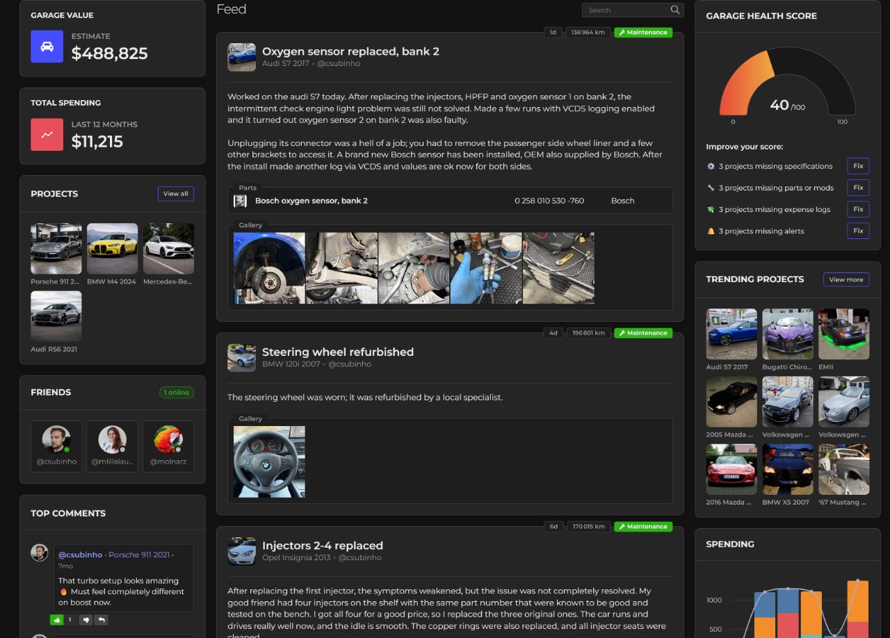 The CarBuilds dashboard: garage value and total spending, a list of projects, a feed of recent build entries, a garage health score and trending projects